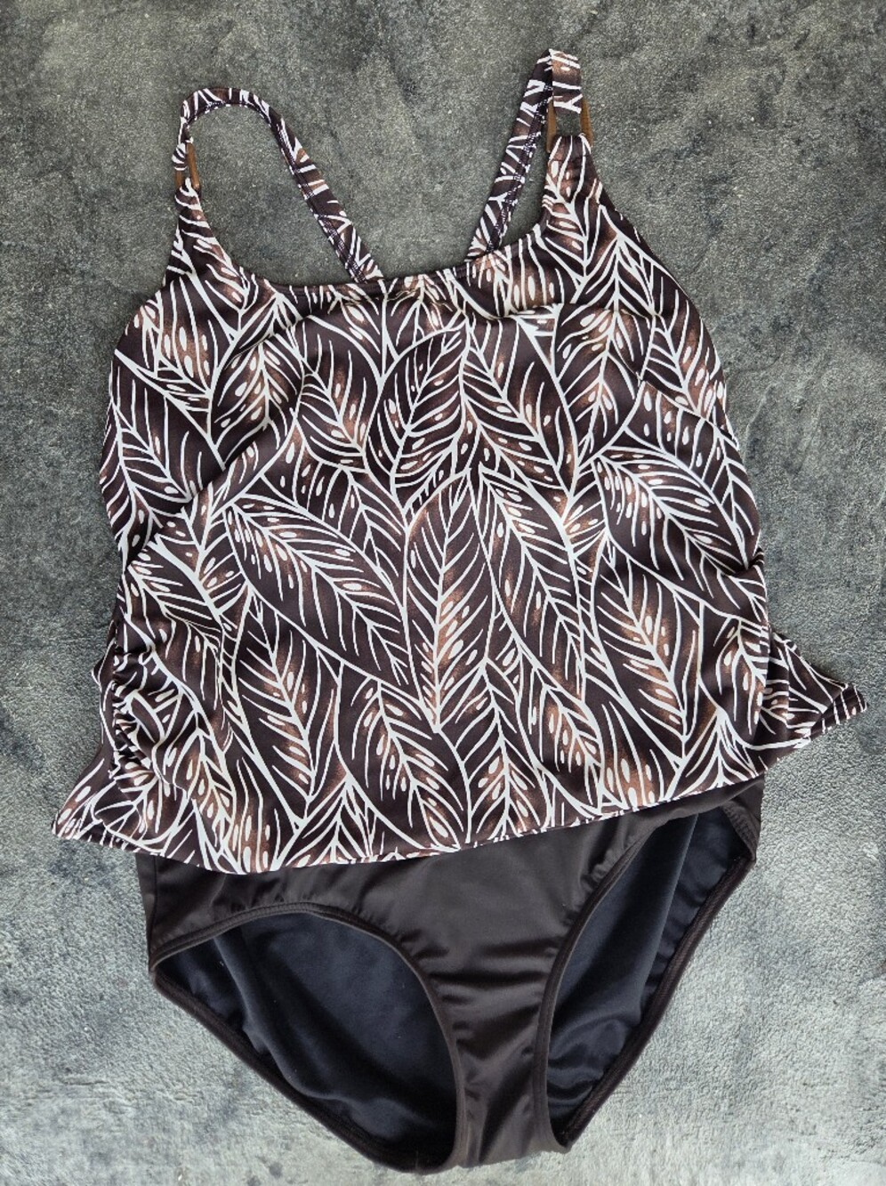 Lands' End Brown and Cream Leaf-Print 2- Piece Swim Tankini Underwire Top 18W
